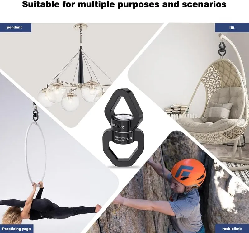 2 Pack Swing Swivel Hook, 35KN Aluminium Alloy Swing Swivel Heavy Duty, Swing Spinner For Children's Swing,Aerial Yoga,Web Tree Swing,Hanging Hammock Indoor Outdoor(Black with 4 Carabiners)