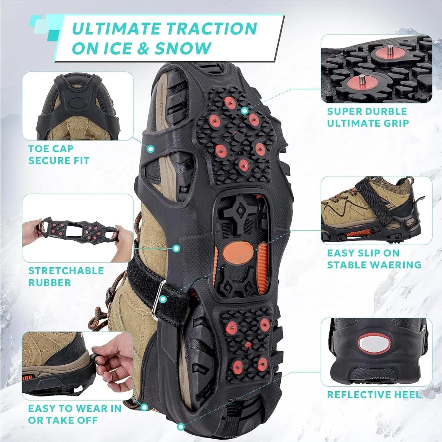 2 Pairs Ice Cleats, Ice Grippers Traction Cleats Shoes and Boots Rubber Snow Shoe Spikes Crampons with 10 Steel Studs Cleats
