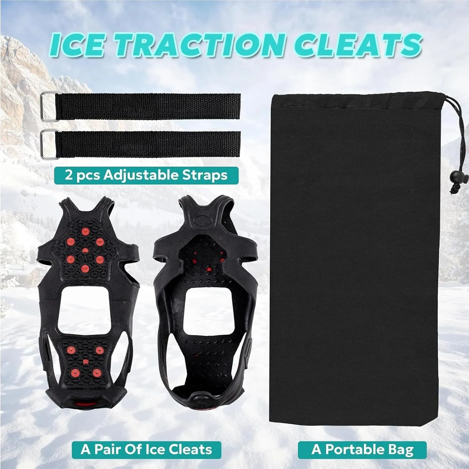 2 Pairs Ice Cleats, Ice Grippers Traction Cleats Shoes and Boots Rubber Snow Shoe Spikes Crampons with 10 Steel Studs Cleats