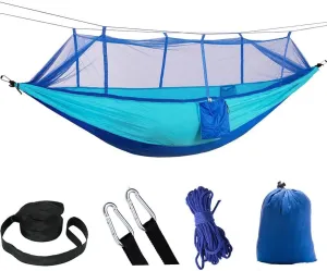 2 Person Camping Hammock with Mosquito Net Outdoor Strength Parachute Fabric Sleep Swing Portable Hanging Bed for Garden (Blue/Blue)