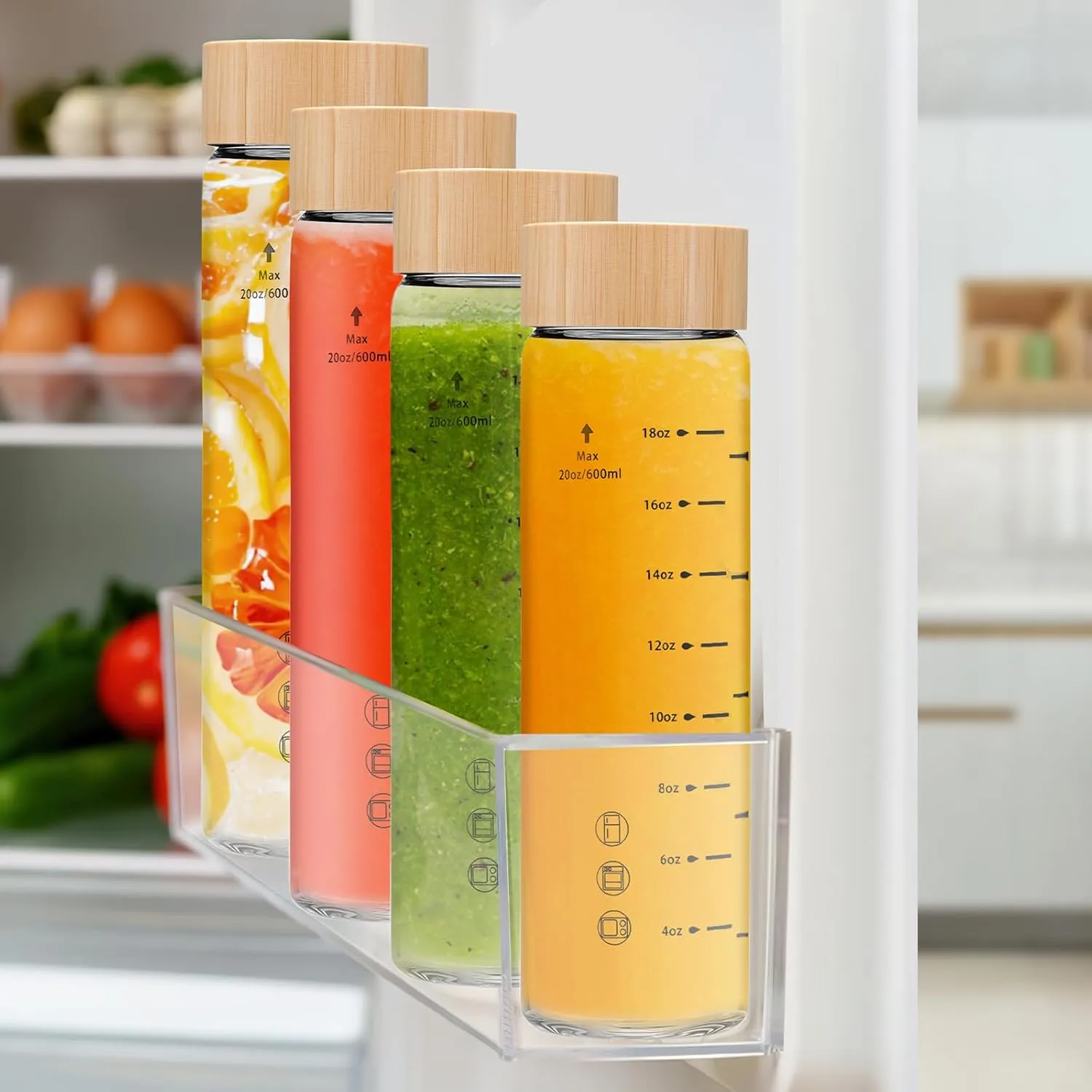 20oz Juice Bottles - 6 Pack Wide Mouth Glass Bottles with Lids- BPA Free, Bamboo Lids for Juicing, Smoothies, Infused Water, Beverage Storage - Leakproof, Borosilicate, Clear