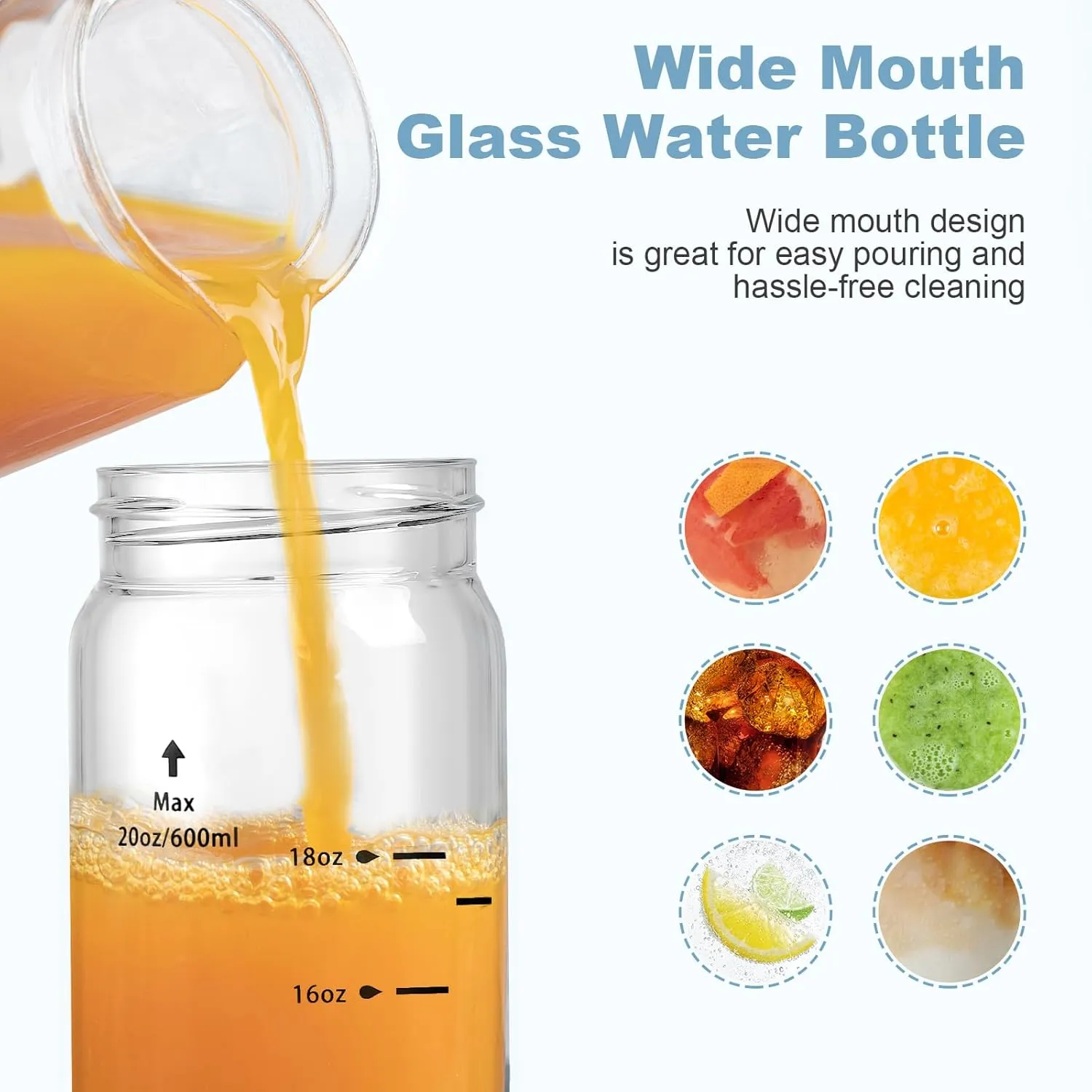 20oz Juice Bottles - 6 Pack Wide Mouth Glass Bottles with Lids- BPA Free, Bamboo Lids for Juicing, Smoothies, Infused Water, Beverage Storage - Leakproof, Borosilicate, Clear