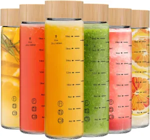 20oz Juice Bottles - 6 Pack Wide Mouth Glass Bottles with Lids- BPA Free, Bamboo Lids for Juicing, Smoothies, Infused Water, Beverage Storage - Leakproof, Borosilicate, Clear