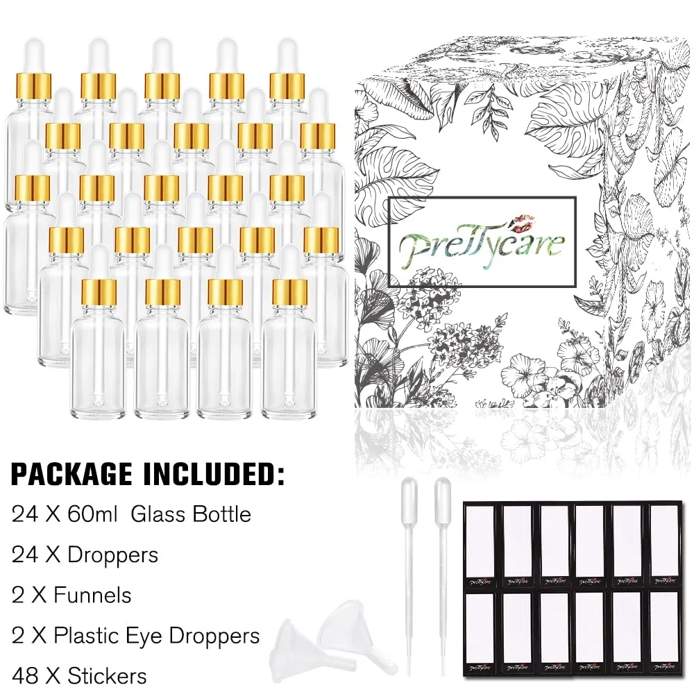24 Pack 2 Oz Glass Eye Dropper Bottles Clear, 60 ml Empty Tincture Bottle with Droppers, 1 Extra Cap, 2 Plastic Funnels, 2 Pipettes & 48 Stickers for DIY Essential Oils, Body Oil, Beauty Oil