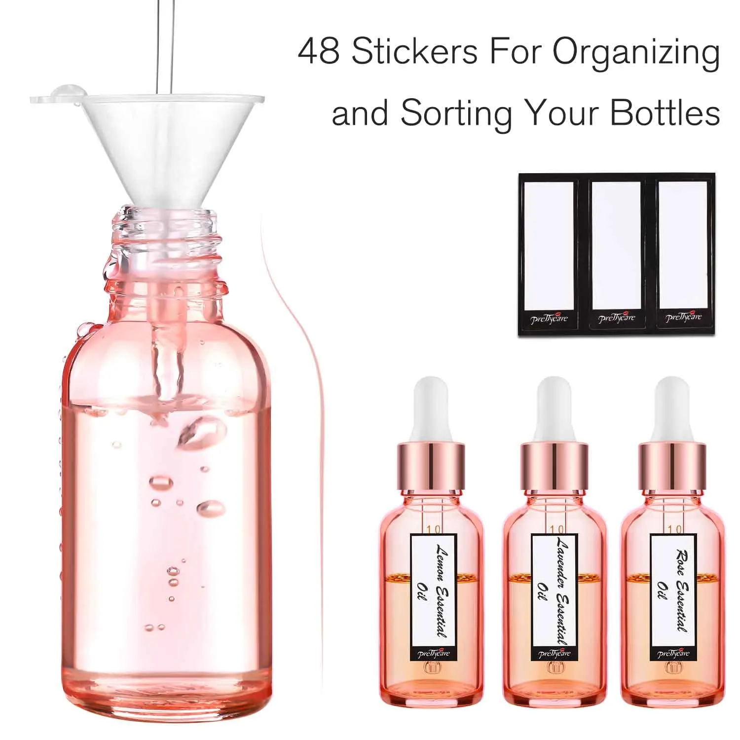 24 Pack 2 Oz Glass Eye Dropper Bottles Rose, 60 ml Empty Tincture Dropper Bottle with Scale droppers, 1 Extra Cap, 2 Plastic Funnels, 2 Pipettes & 48 stickers for Essential Oils, Body Oil