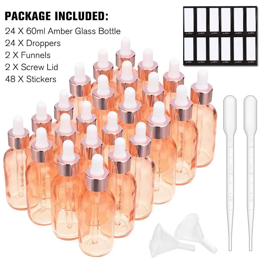 24 Pack 2 Oz Glass Eye Dropper Bottles Rose, 60 ml Empty Tincture Dropper Bottle with Scale droppers, 1 Extra Cap, 2 Plastic Funnels, 2 Pipettes & 48 stickers for Essential Oils, Body Oil
