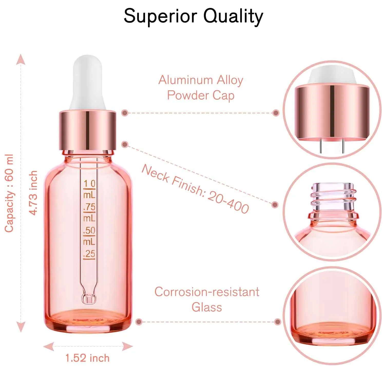 24 Pack 2 Oz Glass Eye Dropper Bottles Rose, 60 ml Empty Tincture Dropper Bottle with Scale droppers, 1 Extra Cap, 2 Plastic Funnels, 2 Pipettes & 48 stickers for Essential Oils, Body Oil