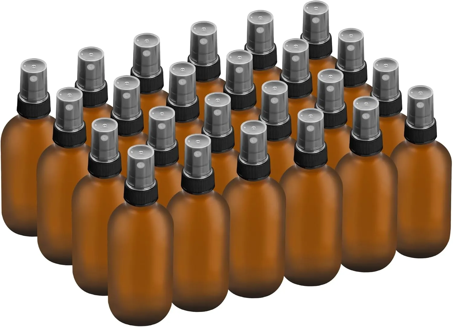 24 Pack 2oz Glass Boston Round Bottle with Fine Mist Sprayer - Amber Frosted - Essential Oils, Bath, Beauty, Hair & Cleaning - Leakproof Travel Bottles