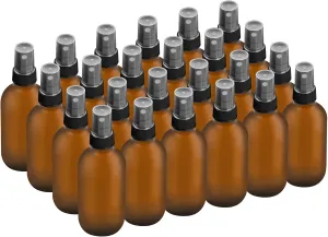 24 Pack 2oz Glass Boston Round Bottle with Fine Mist Sprayer - Amber Frosted - Essential Oils, Bath, Beauty, Hair & Cleaning - Leakproof Travel Bottles