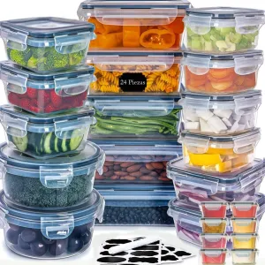 24-Piece Leakproof Plastic Food Storage Containers with Lids - Airtight Locking, BPA-Free, Dishwasher Safe for Meal Prep, Lunch Box & Kitchen Organization