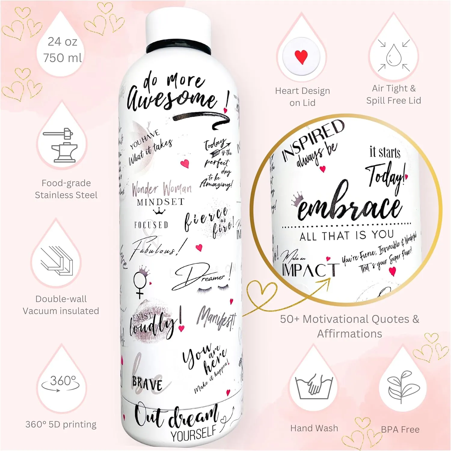 24oz Motivational Water Bottle – Be Unstoppable, Stainless Steel, Affirmation Bottle, Positive Gift for Women, Boss Lady, Inspirational Drinkware for Gym, Office, Travel
