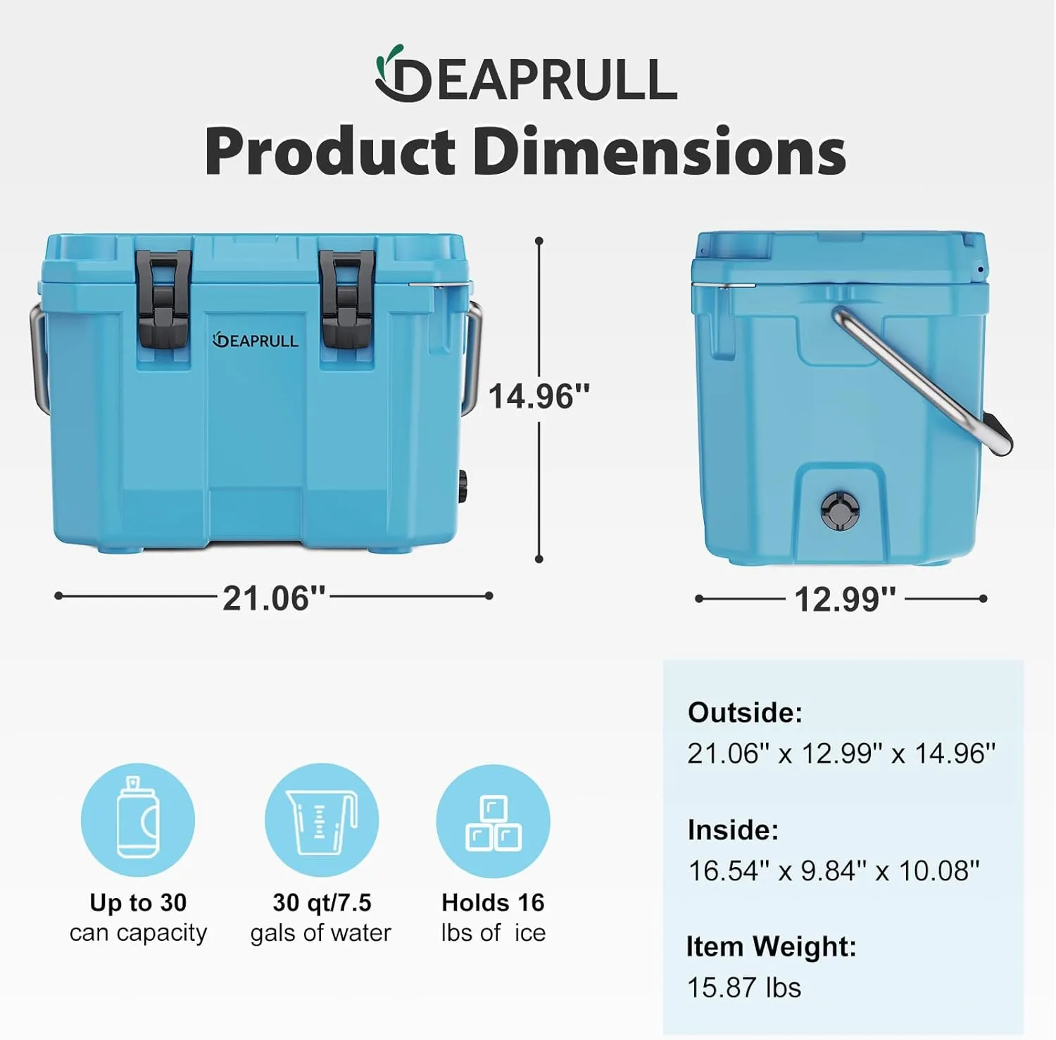 30 Quart Hard Cooler, Insulated Ice Chest Box Holds Ice for More Days, Portable Cooler with Handle, Cup Holders, Double Latches for Camping, Drink, Beverage, Beach, Picnic, Fishing, Boat, Barbecue
