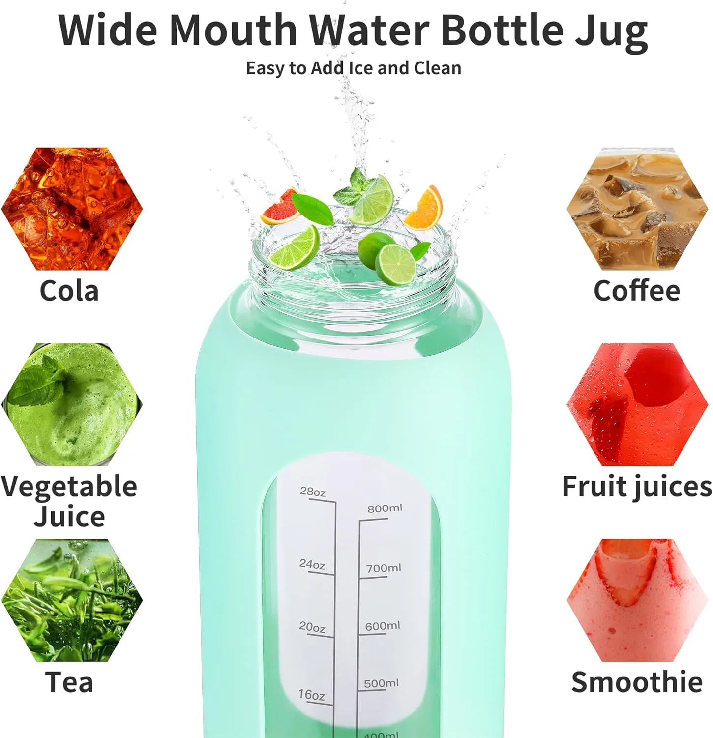 32 oz Glass Water Bottle with Straw and Handle, Sports Motivational Water Flask with Silicone Sleeve, Large Leakproof Water Flask Cup with Time Marker for Travel, Gym, Sage