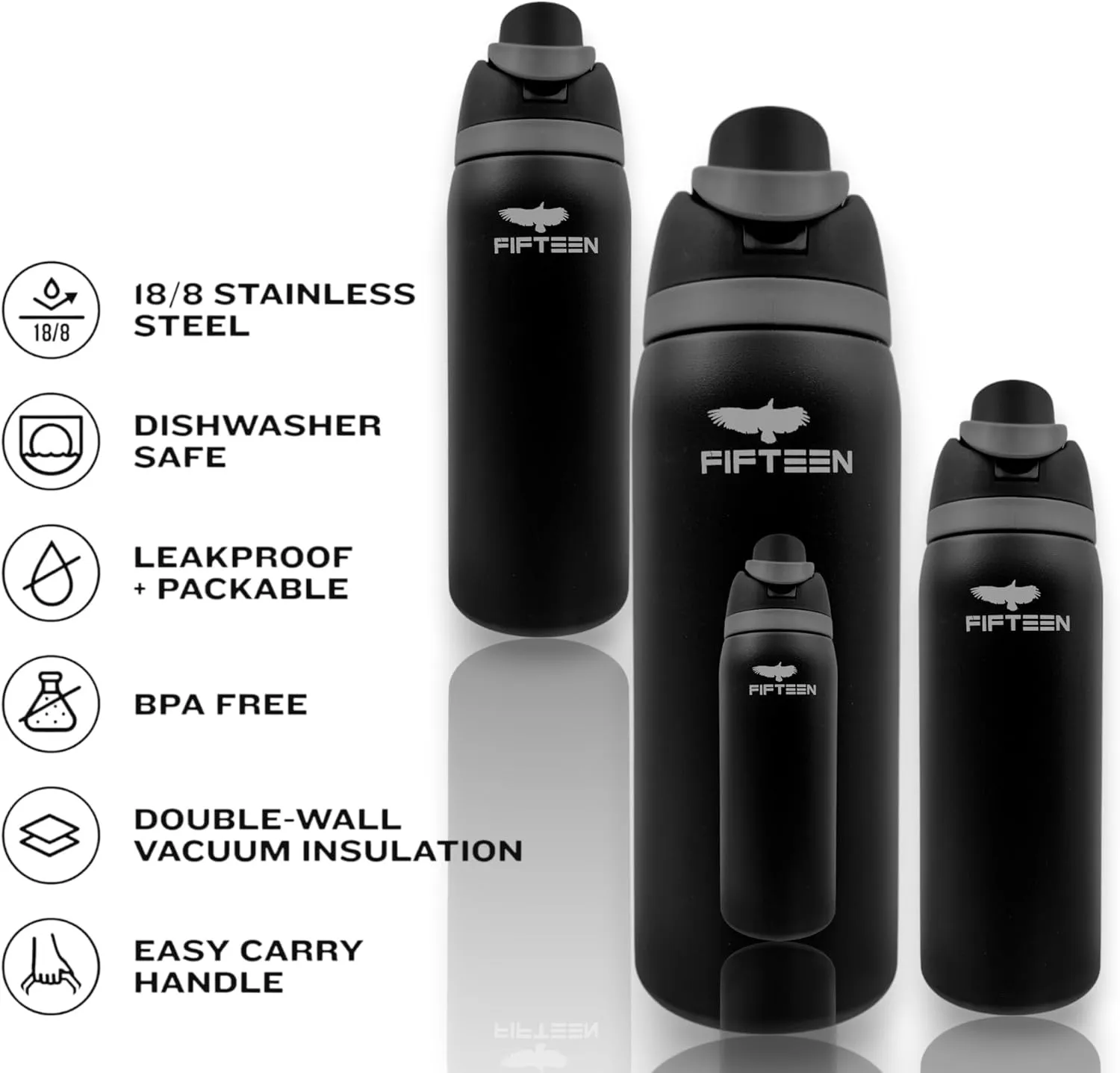 32oz Insulated Stainless Steel Water Bottle – Leakproof & BPA-Free, Flip Straw & Handle Lid, Double Wall Vacuum Flask for Hot & Cold Drinks – Ideal for Gym, Travel, Office (Black)
