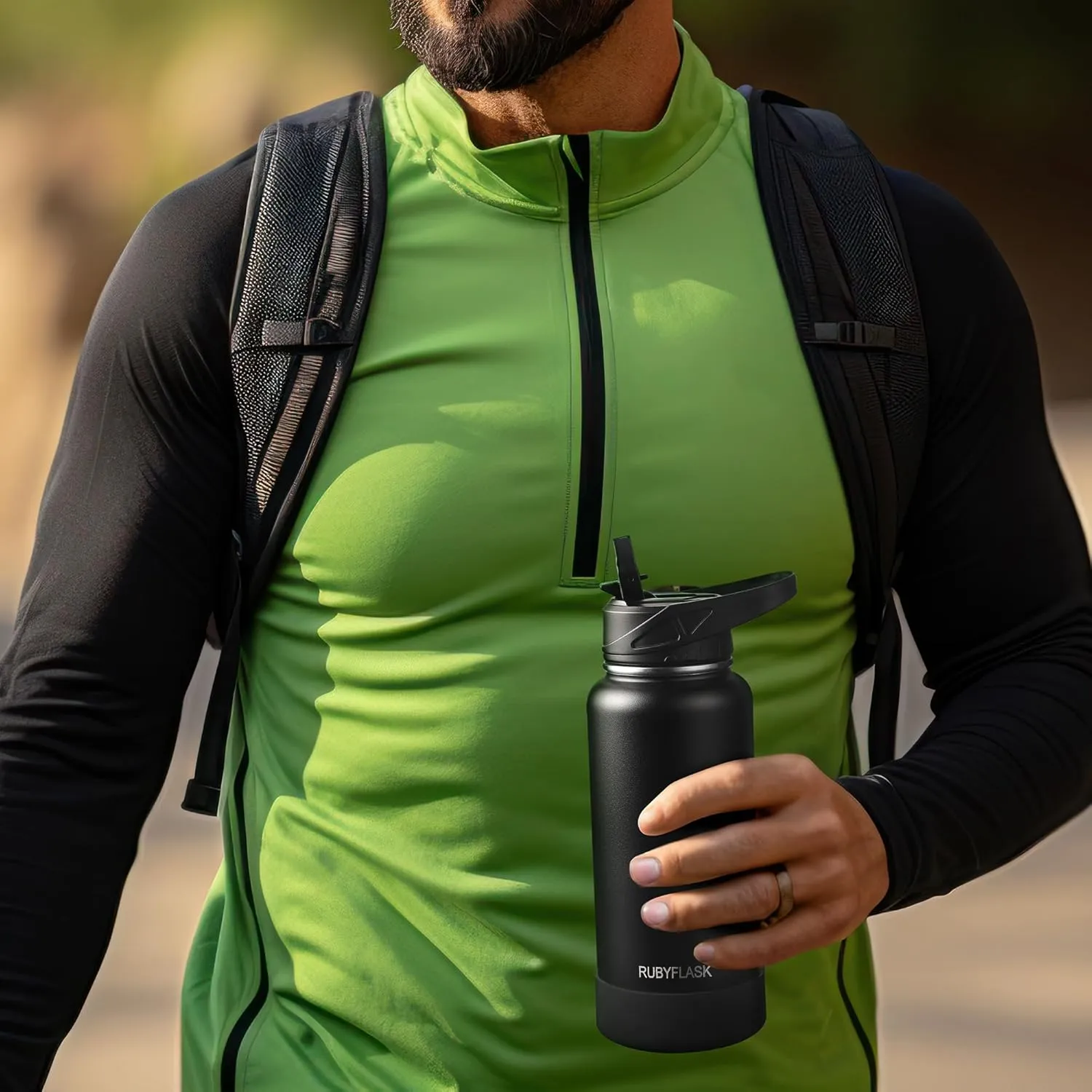 32oz Insulated Water Bottle with Straw, Stainless Steel Metal Vacuum Water Flask, Large Thermos Water bottle with Leakproof 3 Lids for Travel, Camping, Gym Sports Black Gray