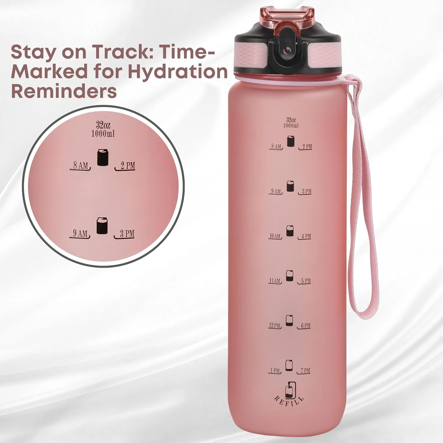 32oz Motivational Water Bottle with Time Marker & Airtight, BPA/BPS-Free Reusable Tritan Plastic,Leakproof Design with Strap, Dual Lid Options, Ideal for Fitness, Gym, and Outdoor Activities (Pink)