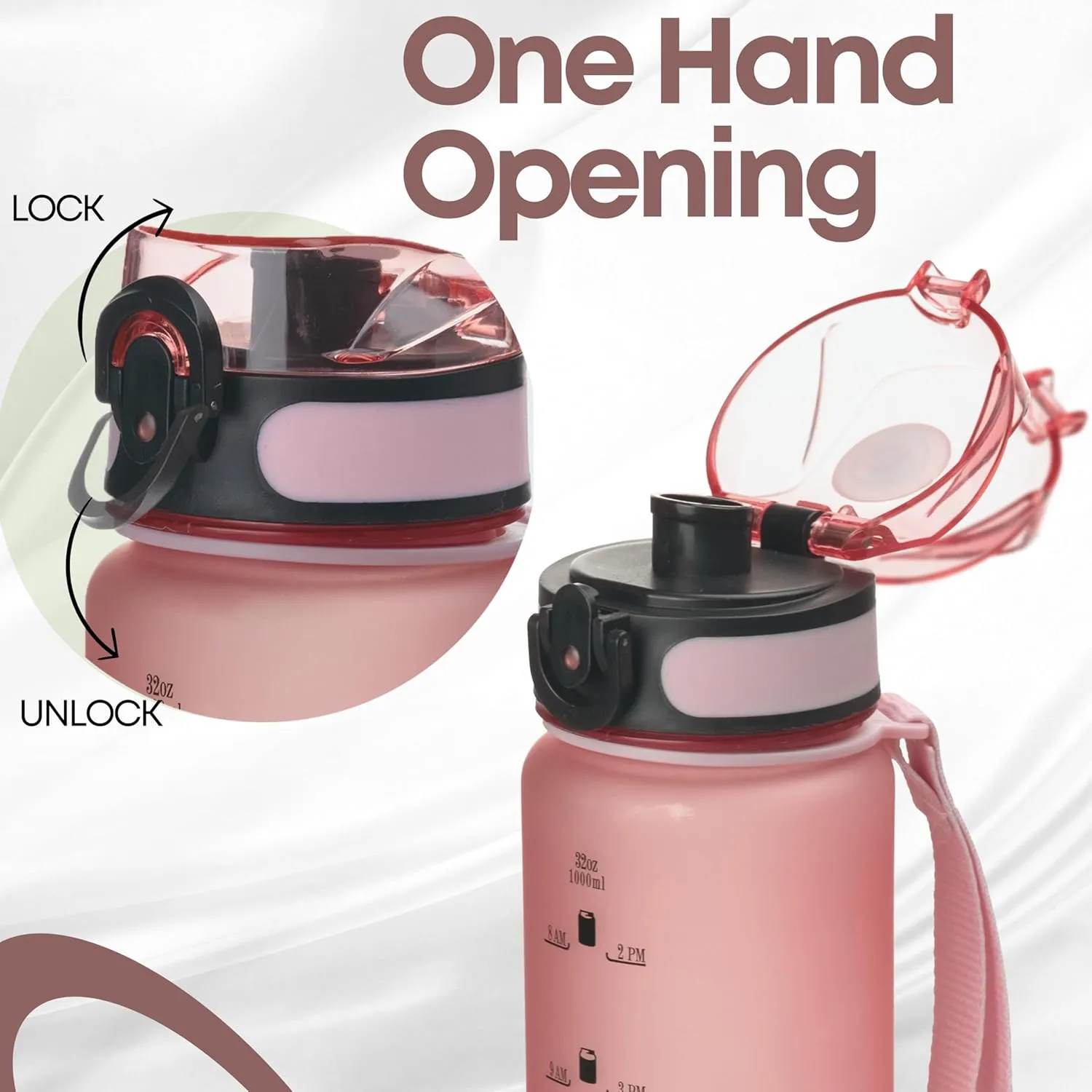 32oz Motivational Water Bottle with Time Marker & Airtight, BPA/BPS-Free Reusable Tritan Plastic,Leakproof Design with Strap, Dual Lid Options, Ideal for Fitness, Gym, and Outdoor Activities (Pink)