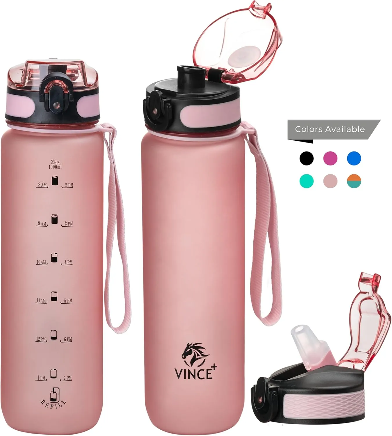 32oz Motivational Water Bottle with Time Marker & Airtight, BPA/BPS-Free Reusable Tritan Plastic,Leakproof Design with Strap, Dual Lid Options, Ideal for Fitness, Gym, and Outdoor Activities (Pink)