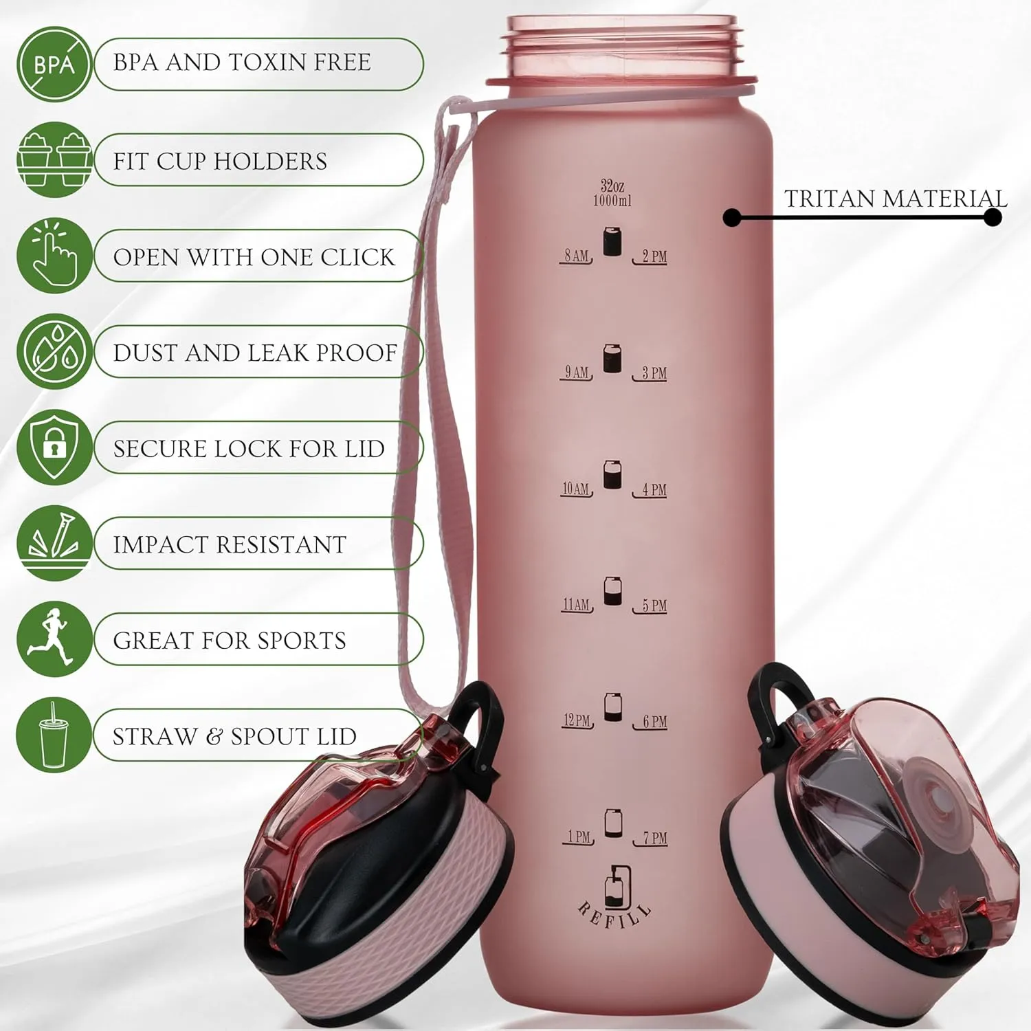32oz Motivational Water Bottle with Time Marker & Airtight, BPA/BPS-Free Reusable Tritan Plastic,Leakproof Design with Strap, Dual Lid Options, Ideal for Fitness, Gym, and Outdoor Activities (Pink)