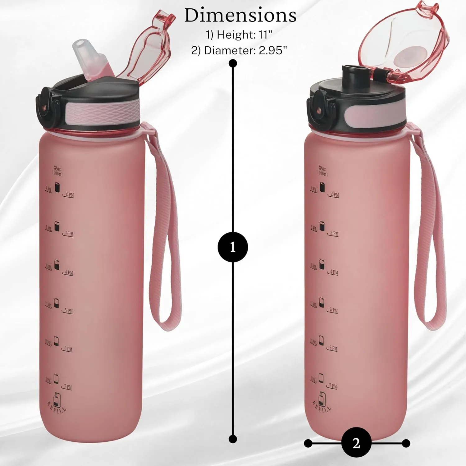 32oz Motivational Water Bottle with Time Marker & Airtight, BPA/BPS-Free Reusable Tritan Plastic,Leakproof Design with Strap, Dual Lid Options, Ideal for Fitness, Gym, and Outdoor Activities (Pink)