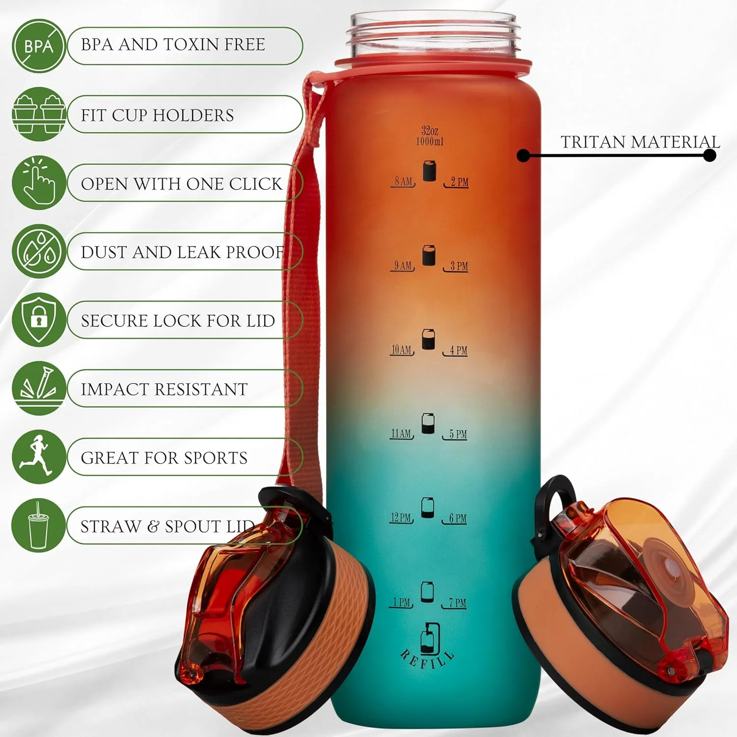 32oz Titan Water Bottle with Time-Marked, 2 Lids (Fast Flow & Straw) - BPA/BPS Free, Leak-Proof, Airtight, Reusable Water Bottle - Perfect for Sports, Hiking (Gradient Orange/Green)