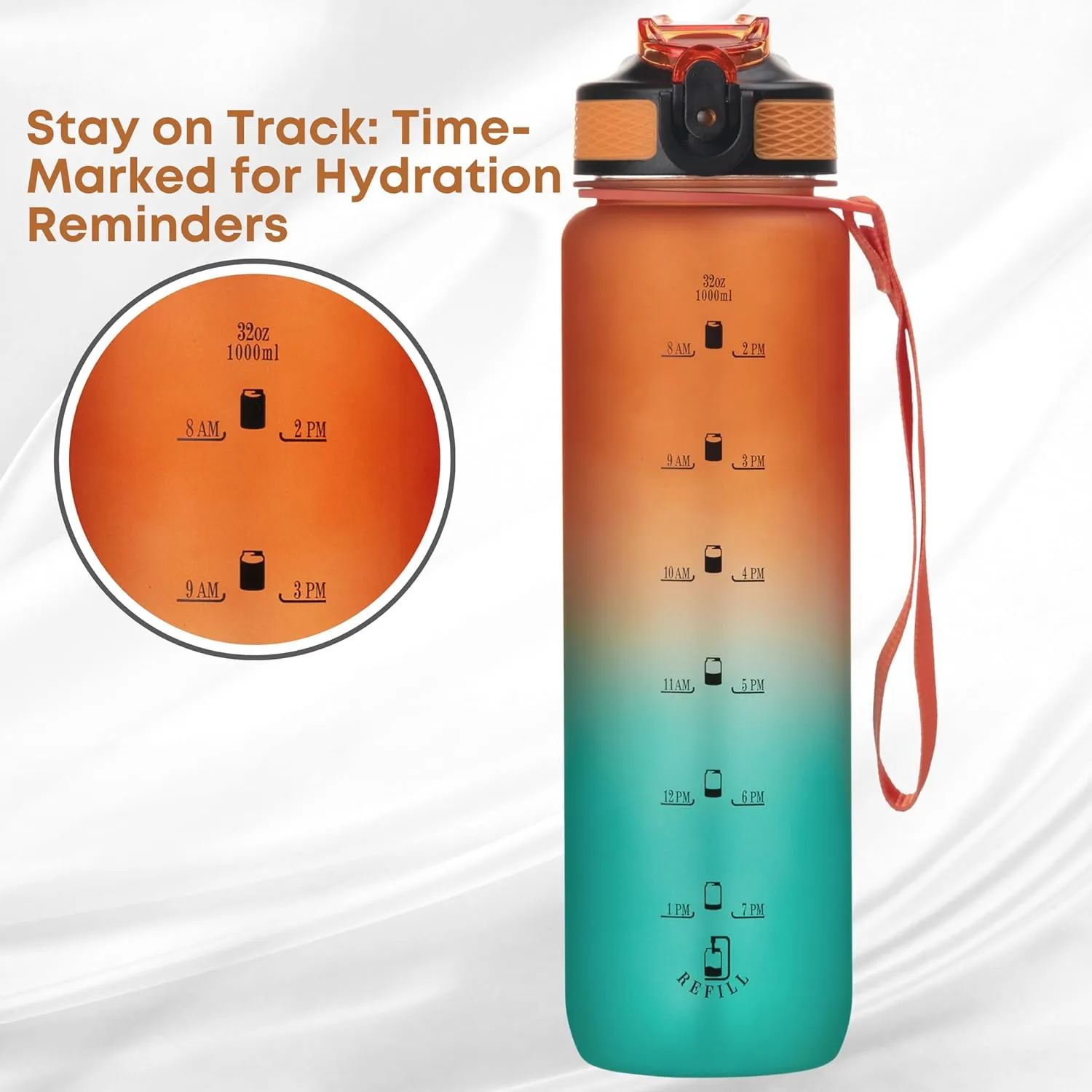 32oz Titan Water Bottle with Time-Marked, 2 Lids (Fast Flow & Straw) - BPA/BPS Free, Leak-Proof, Airtight, Reusable Water Bottle - Perfect for Sports, Hiking (Gradient Orange/Green)