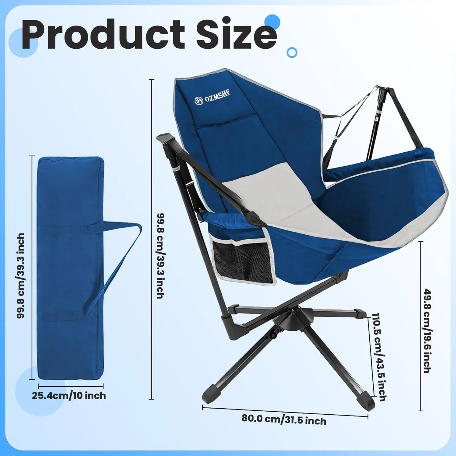 360 Degrees Swivel Camping Chair, Hammock Chair, Folding Rocking Chairs, Aluminum Alloy Adjustable Backrest Swing Chairs, for Outdoor Camping, Beach, Lawn(Blue Grey) (2)