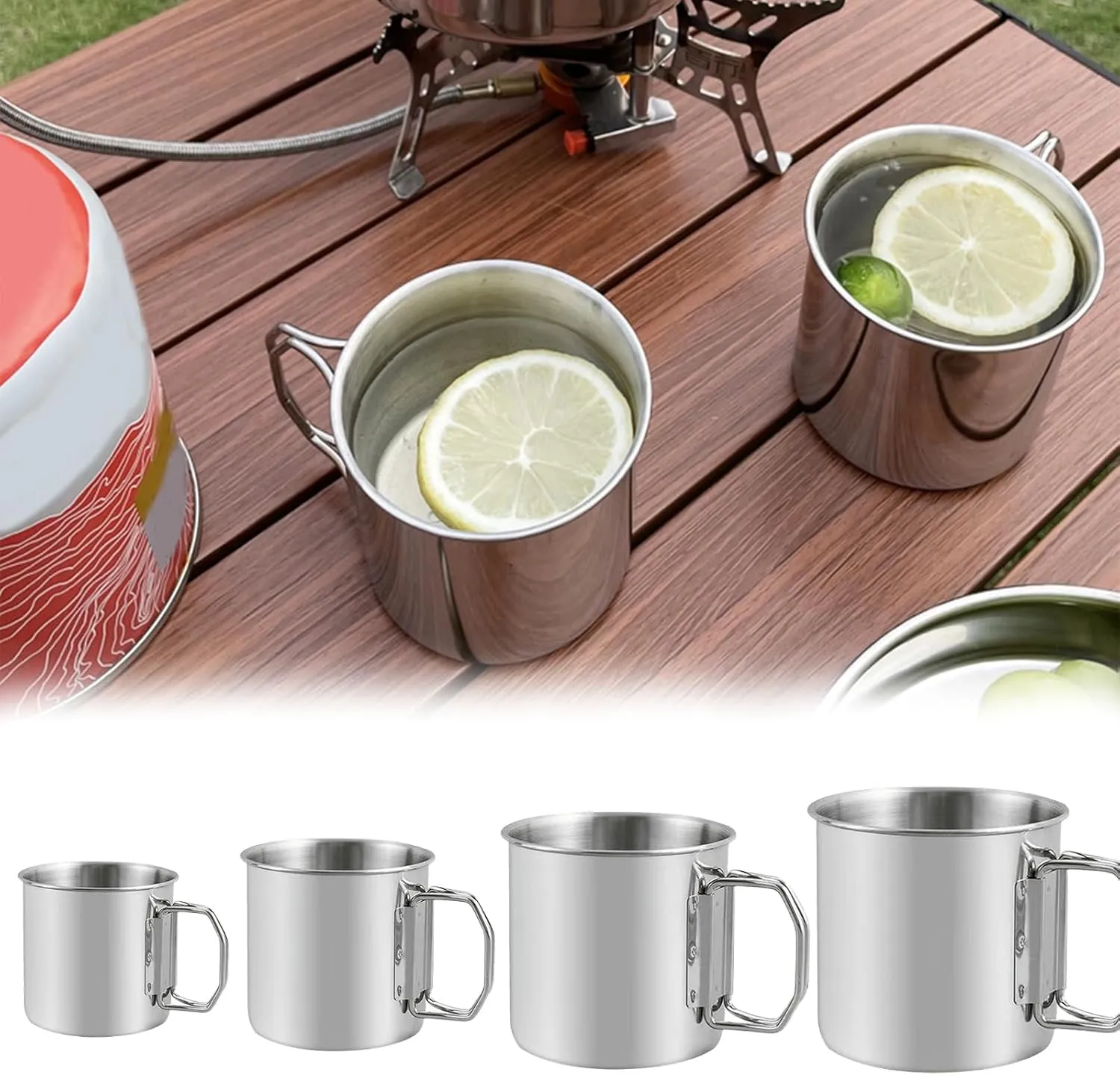 4 PCS Stackable Stainless Steel Camping Mug - Portable Travel Cup with Folding Handle for Outdoor Camping, Hiking, Backpacking, Campfires (4 PCS)