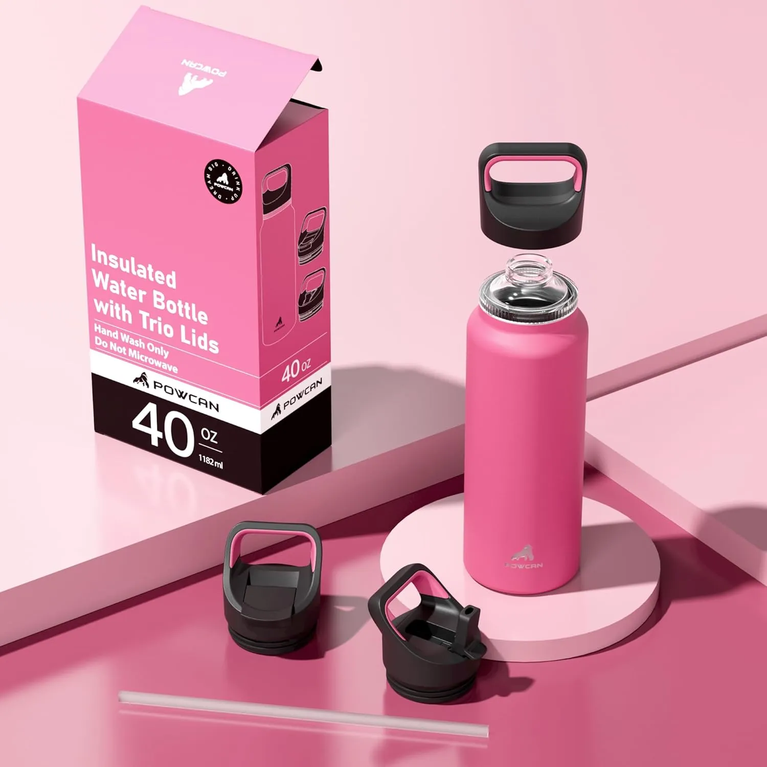 40 oz Insulated Water Bottle for Hiking: 3 Lids, Leakproof, Keep Ice 24H and Hot 12H, Double Wall, Large Metal Water Flask with Handle for Sports, Camping, Climbing, Workout, Travel (Tropical Pink)