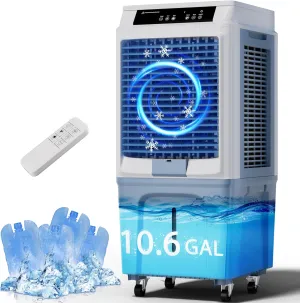 43 Inch Air Cooler for Large Room Garage Patio, Evaporative Air Cooler, 3900CFM Portable Swamp Cooler with Remote 3 Speeds Indoor Use, 12H Timer, 10.6 Gal Tank
