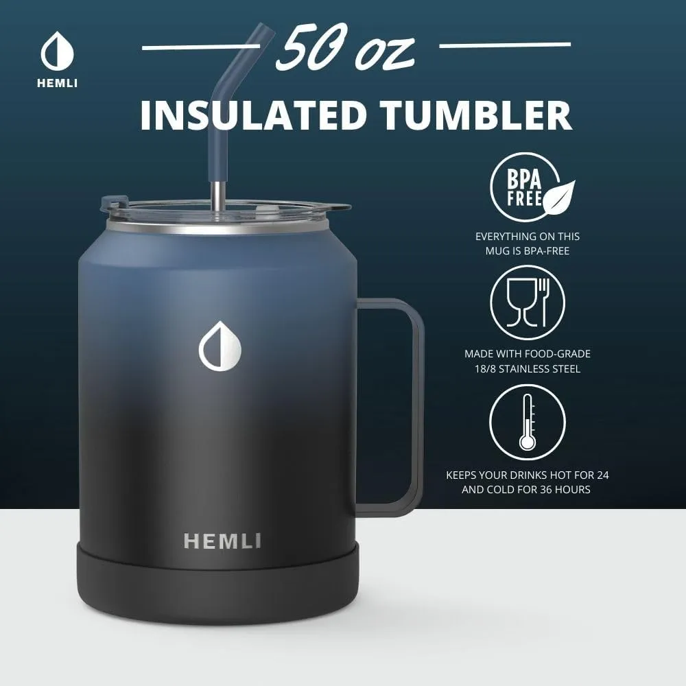 50 oz Big Cup with Handle and Straw, Large Travel Mug Tumbler, Thermal Cup, Vacuum Insulated Keeps Hot or Cold