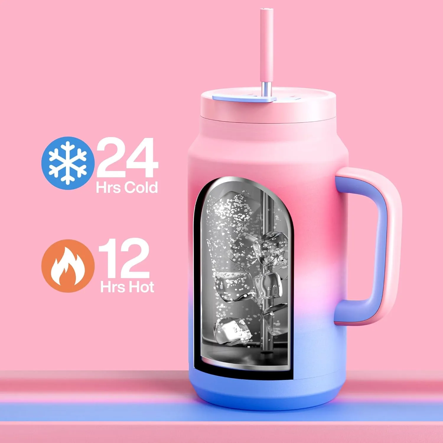 50 oz Tumbler with Handle and Straw, 100% Leak-Proof Insulated Cup Large Water Bottle with 2-in-1 Lid, Reusable Stainless Steel Travel Mug Water Jug, Non-slip Base, BPA-Free （Evening Glow）