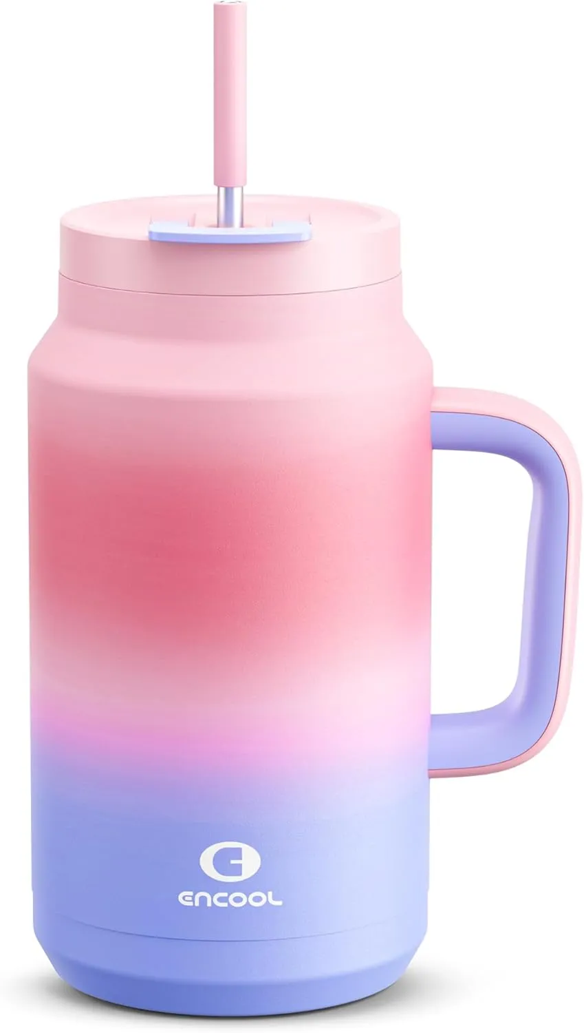 50 oz Tumbler with Handle and Straw, 100% Leak-Proof Insulated Cup Large Water Bottle with 2-in-1 Lid, Reusable Stainless Steel Travel Mug Water Jug, Non-slip Base, BPA-Free （Evening Glow）