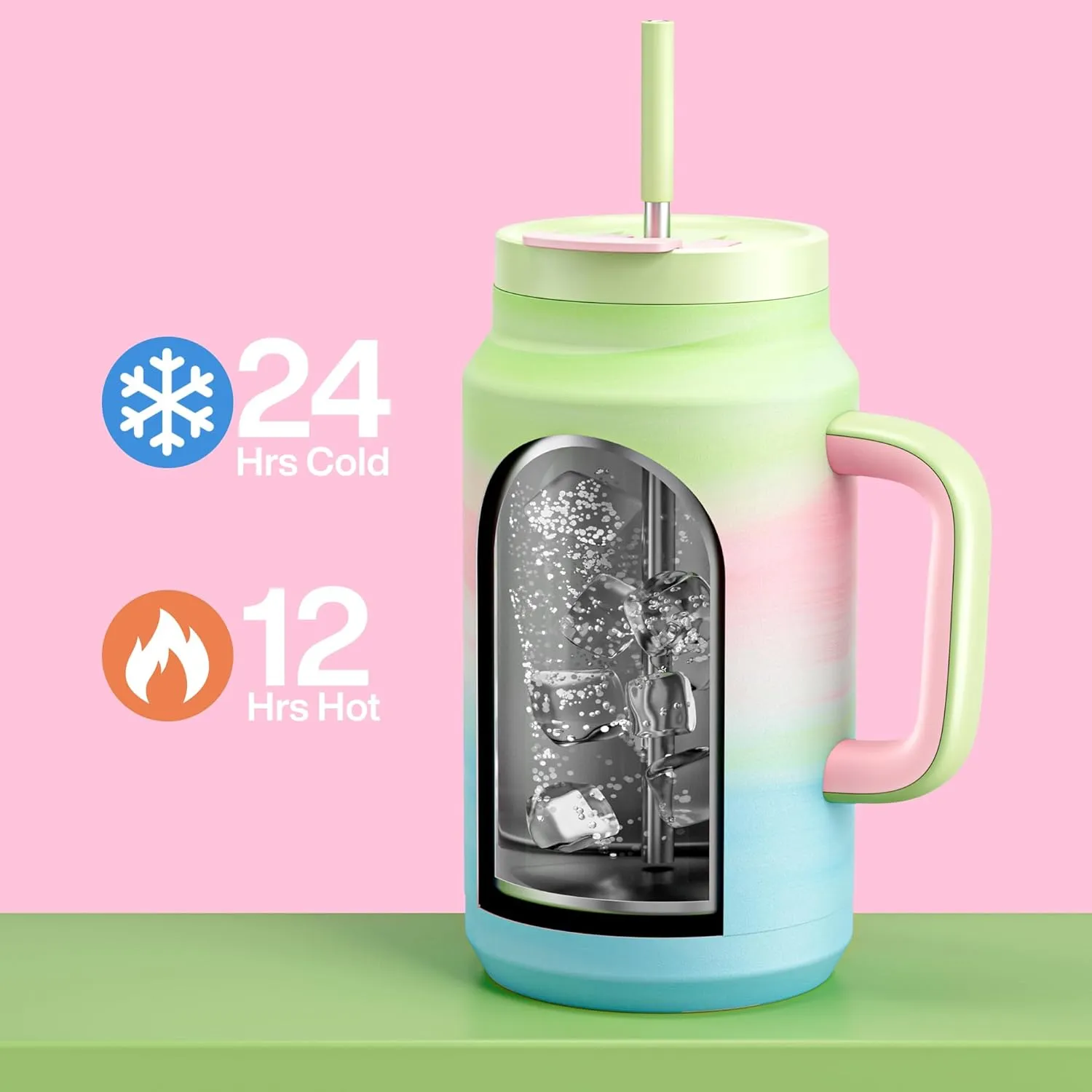 50 oz Tumbler with Handle and Straw, 100% Leak-Proof Insulated Cup Large Water Bottle with 2-in-1 Lid, Reusable Stainless Steel Travel Mug Water Jug, Non-slip Base, BPA-Free （Fairy）
