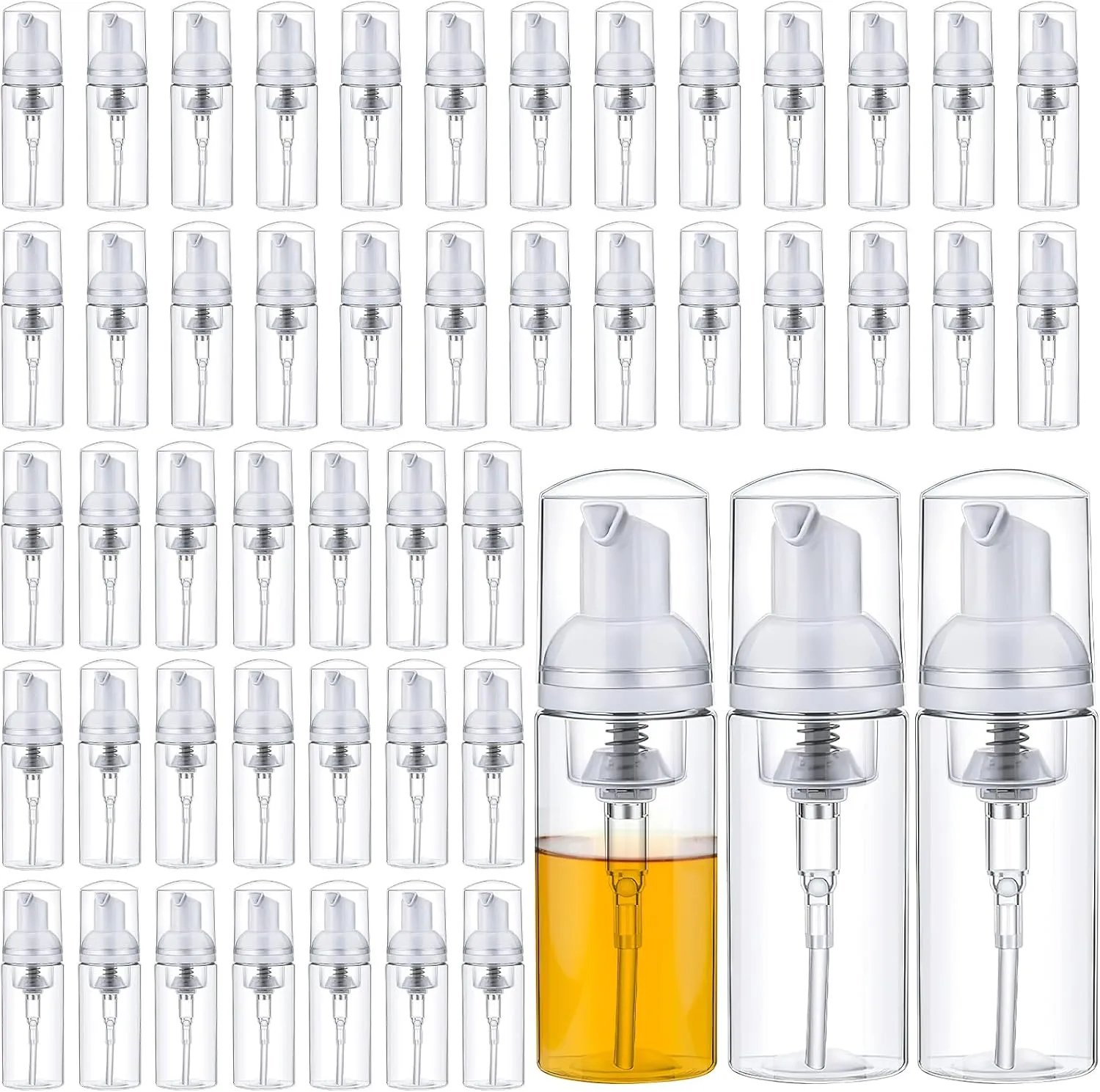 50 Pcs Foam Pump Bottle Dispenser,1.7oz/50ml Refillable Plastic Travel Foaming Bottles for Packaging Liquid Cleaning Hand Soap Shampoo Lash Cleanser(Transparent)