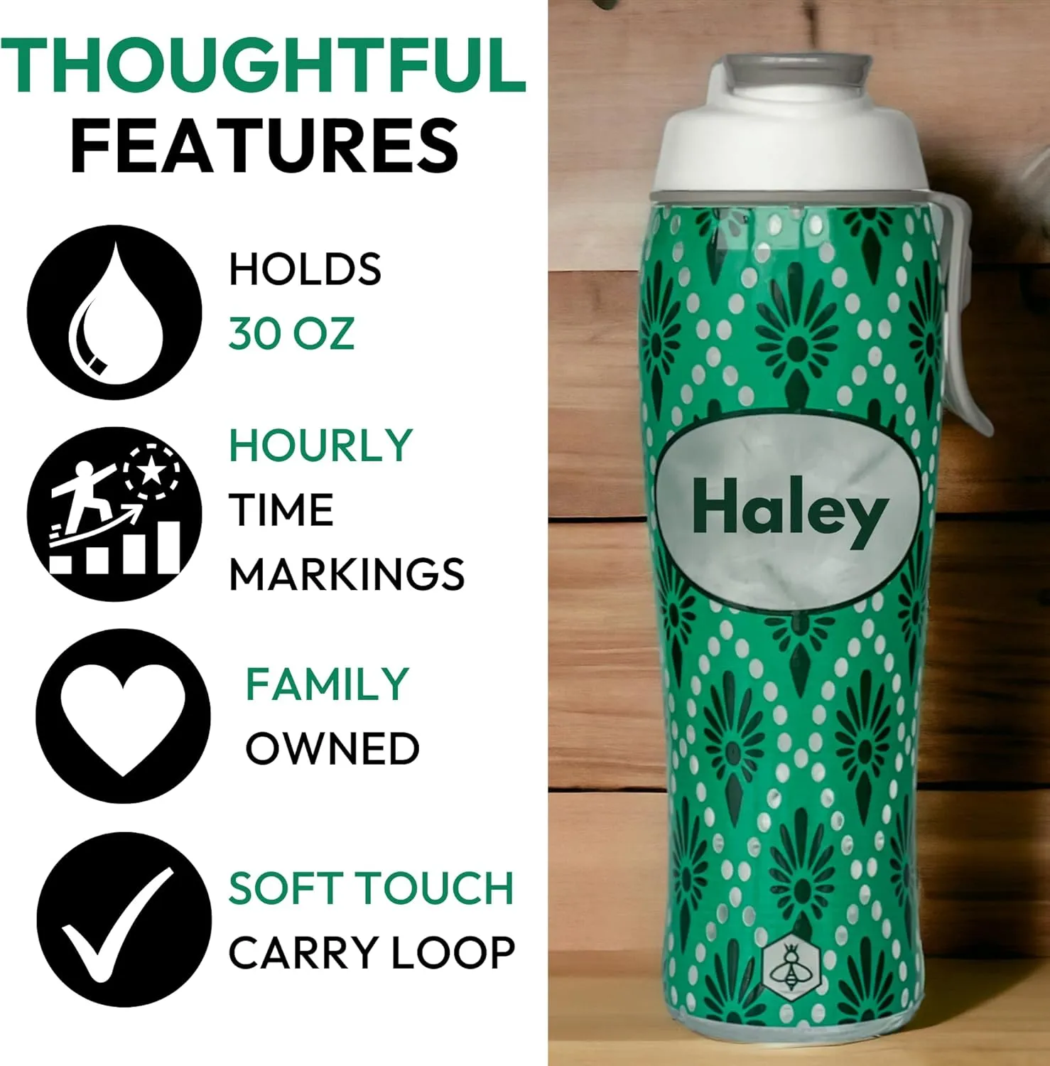 50 Strong Reusable Water Bottle with Time Markers – 30 oz BPA-Free Leakproof Bottle with Chug Cap & Easy-Carry Handle – Made in USA (Custom Name - Green)