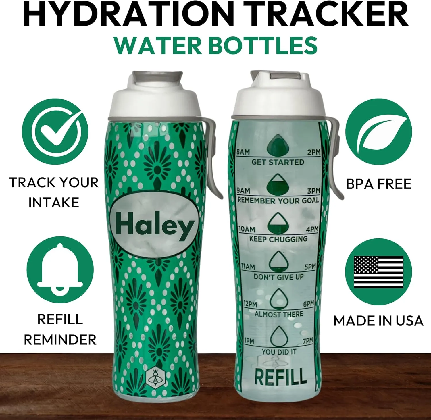 50 Strong Reusable Water Bottle with Time Markers – 30 oz BPA-Free Leakproof Bottle with Chug Cap & Easy-Carry Handle – Made in USA (Custom Name - Green)
