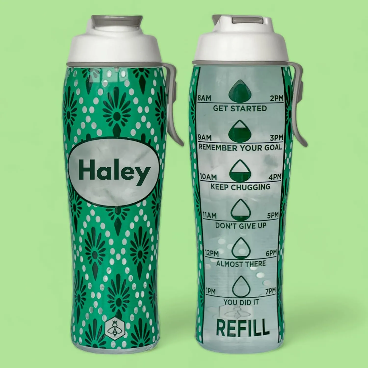50 Strong Reusable Water Bottle with Time Markers – 30 oz BPA-Free Leakproof Bottle with Chug Cap & Easy-Carry Handle – Made in USA (Custom Name - Green)