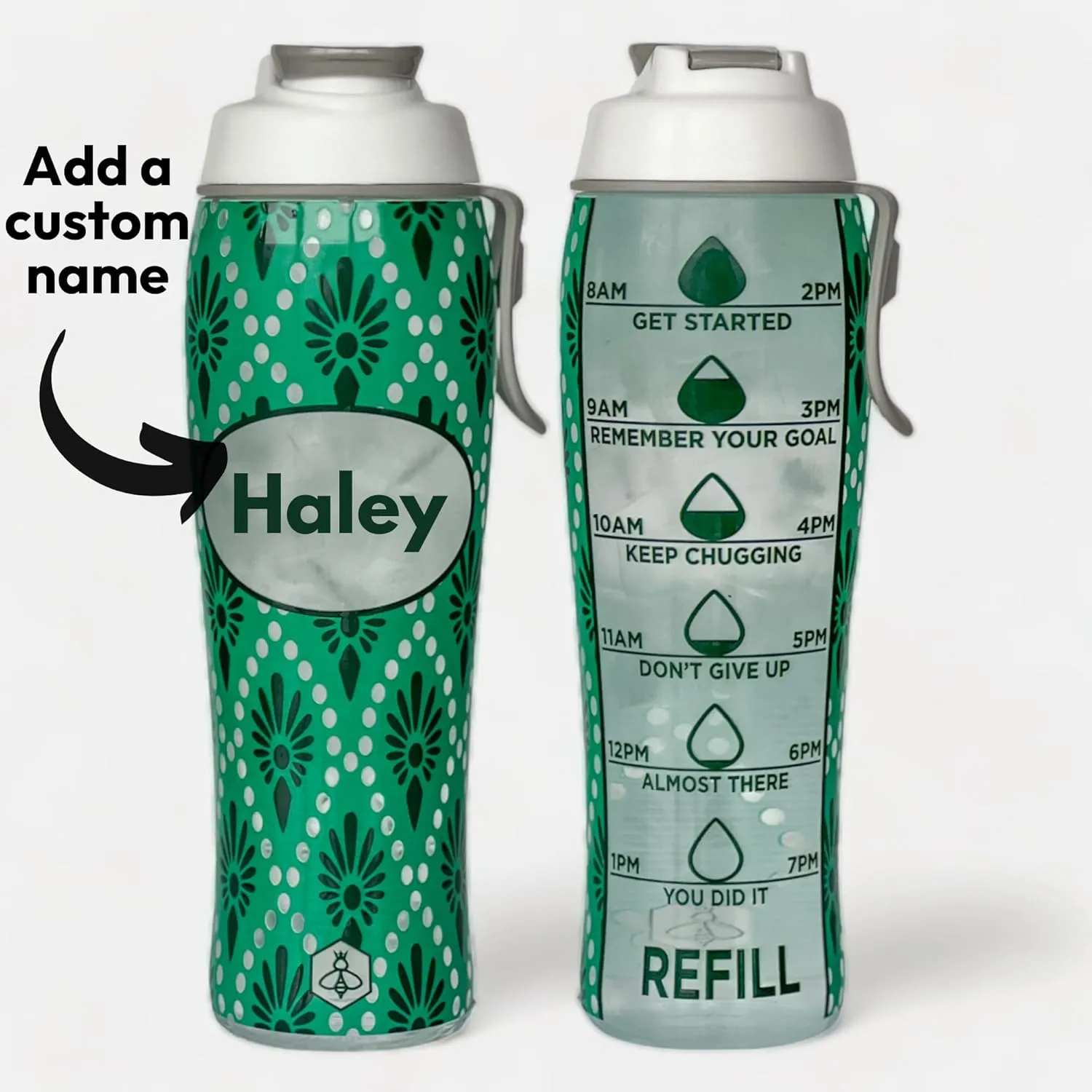50 Strong Reusable Water Bottle with Time Markers – 30 oz BPA-Free Leakproof Bottle with Chug Cap & Easy-Carry Handle – Made in USA (Custom Name - Green)