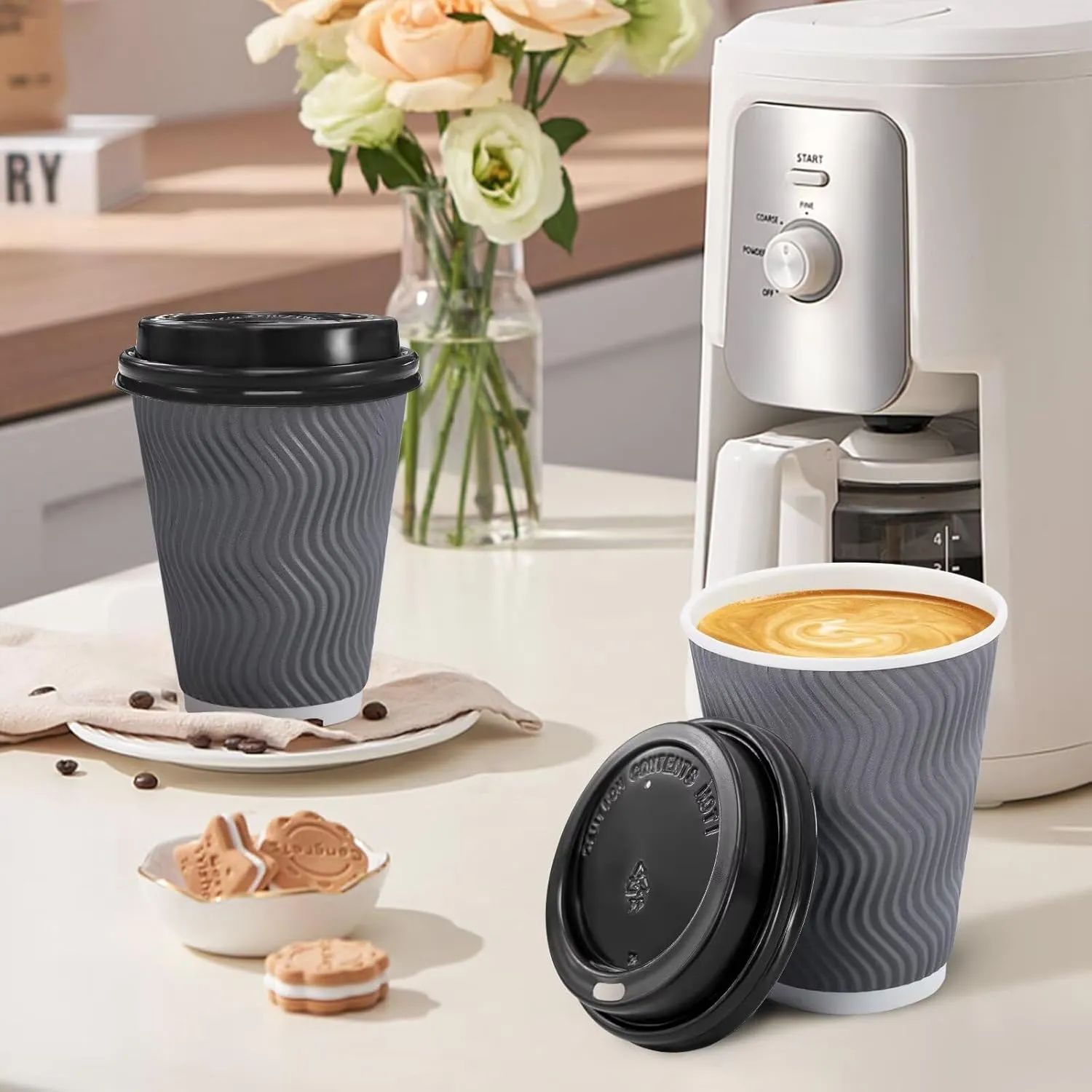 500 Pack Coffee Cups with Lids 12oz, Disposable Insulated Ripple Wall To Go Paper Coffee Cups for Hot/Cold Drinks Office Home Shop Event (Grey)