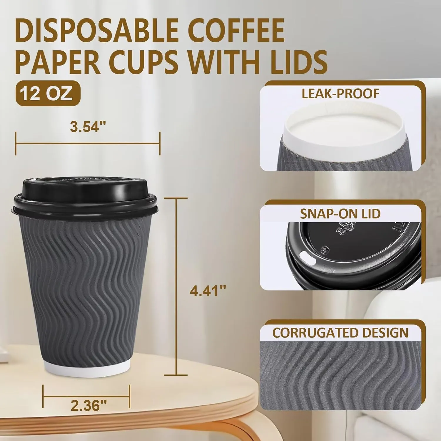 500 Pack Coffee Cups with Lids 12oz, Disposable Insulated Ripple Wall To Go Paper Coffee Cups for Hot/Cold Drinks Office Home Shop Event (Grey)