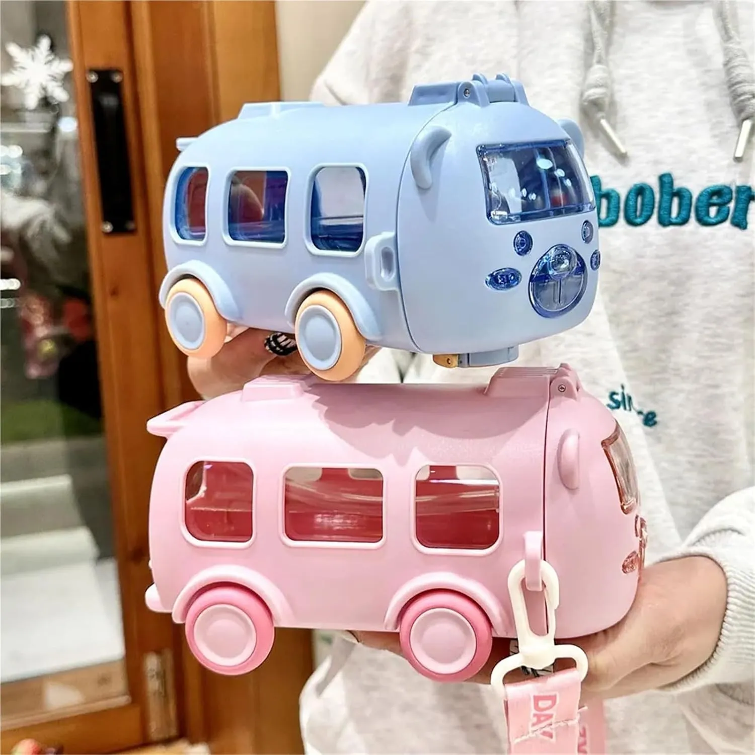 500/1400ml Portable Water Bottle With Shoulder Strap Leakproof Water Cup Bus Shape Car Straw Water Bottle For Outdoor Picnic(Yellow-500ML)