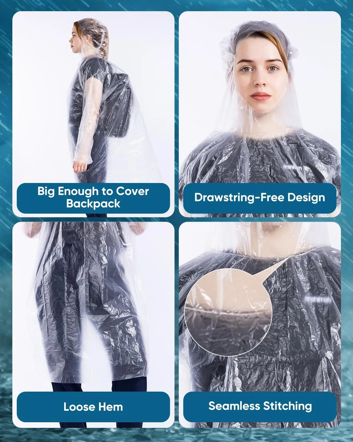 50/100 Pack Disposable Rain Ponchos with Hood for Adults, Family Pack Raincoats Bulk for Women