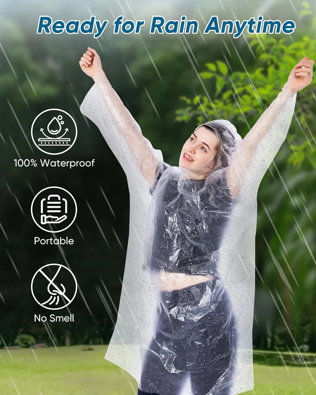 50/100 Pack Disposable Rain Ponchos with Hood for Adults, Family Pack Raincoats Bulk for Women