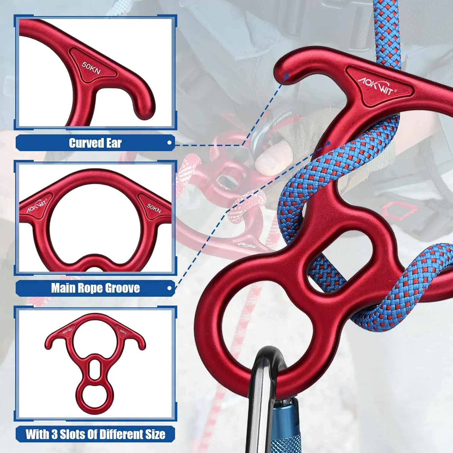 50KN Rescue Figure, 8 Descender Large Bent-Ear Belaying and Rappelling Gear Belay Device Climbing for Rock Climbing Peak Rescue 7075 Aluminum Alloy