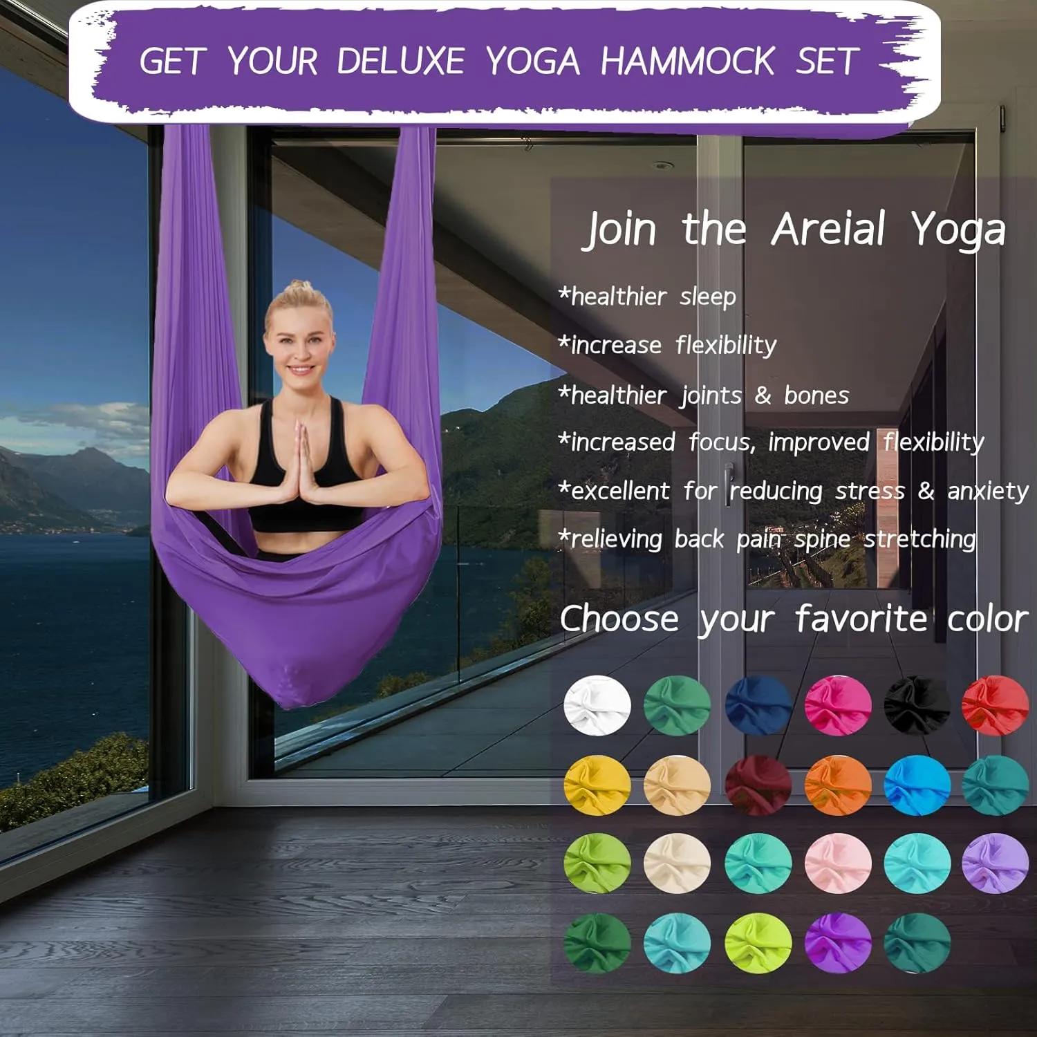 5.5 Yards Aerial Silks Yoga Swing Set - Aerial Yoga Hammock Kit Anti-Gravity Flying for Fitness, Low/Non Stretch Nylon Tricot Fabric Hardware Included for Dance