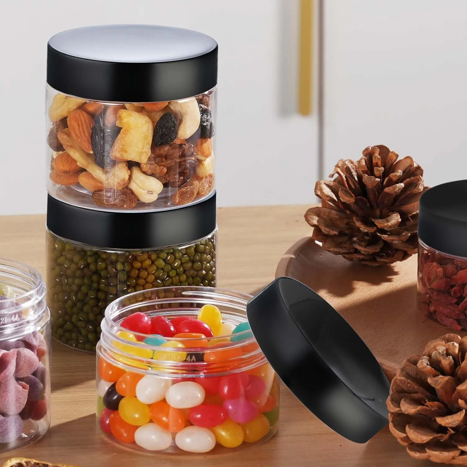 6 OZ Plastic Jars with Lids, Elumeiro 48 Pack Clear Cosmetic Container Jas with Black Lids, Small Jars with Lids for Lotion, Cream, Powder, Ointments, Makeup, Eye Shadow, Rhinestone, Sample