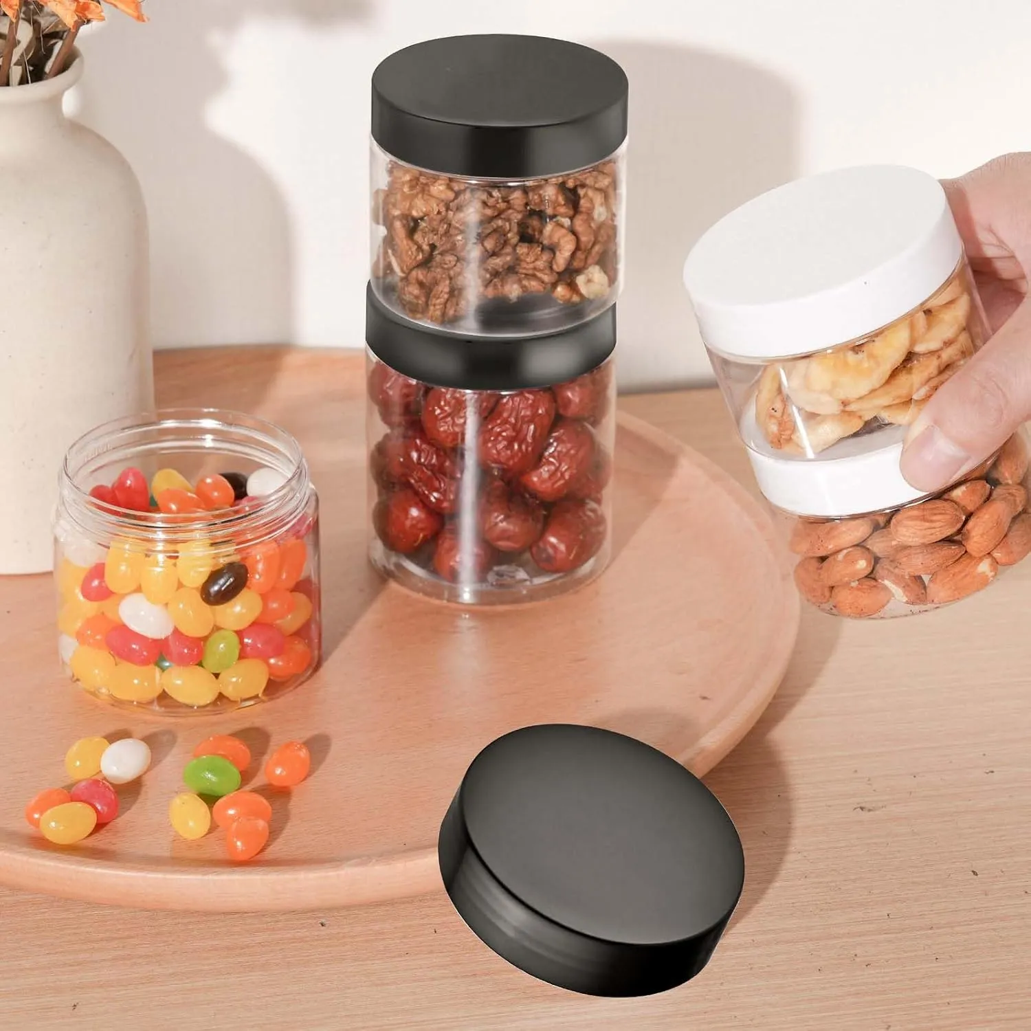 6 OZ Plastic Jars with Lids, Elumeiro 48 Pack Clear Cosmetic Container Jas with Black Lids, Small Jars with Lids for Lotion, Cream, Powder, Ointments, Makeup, Eye Shadow, Rhinestone, Sample