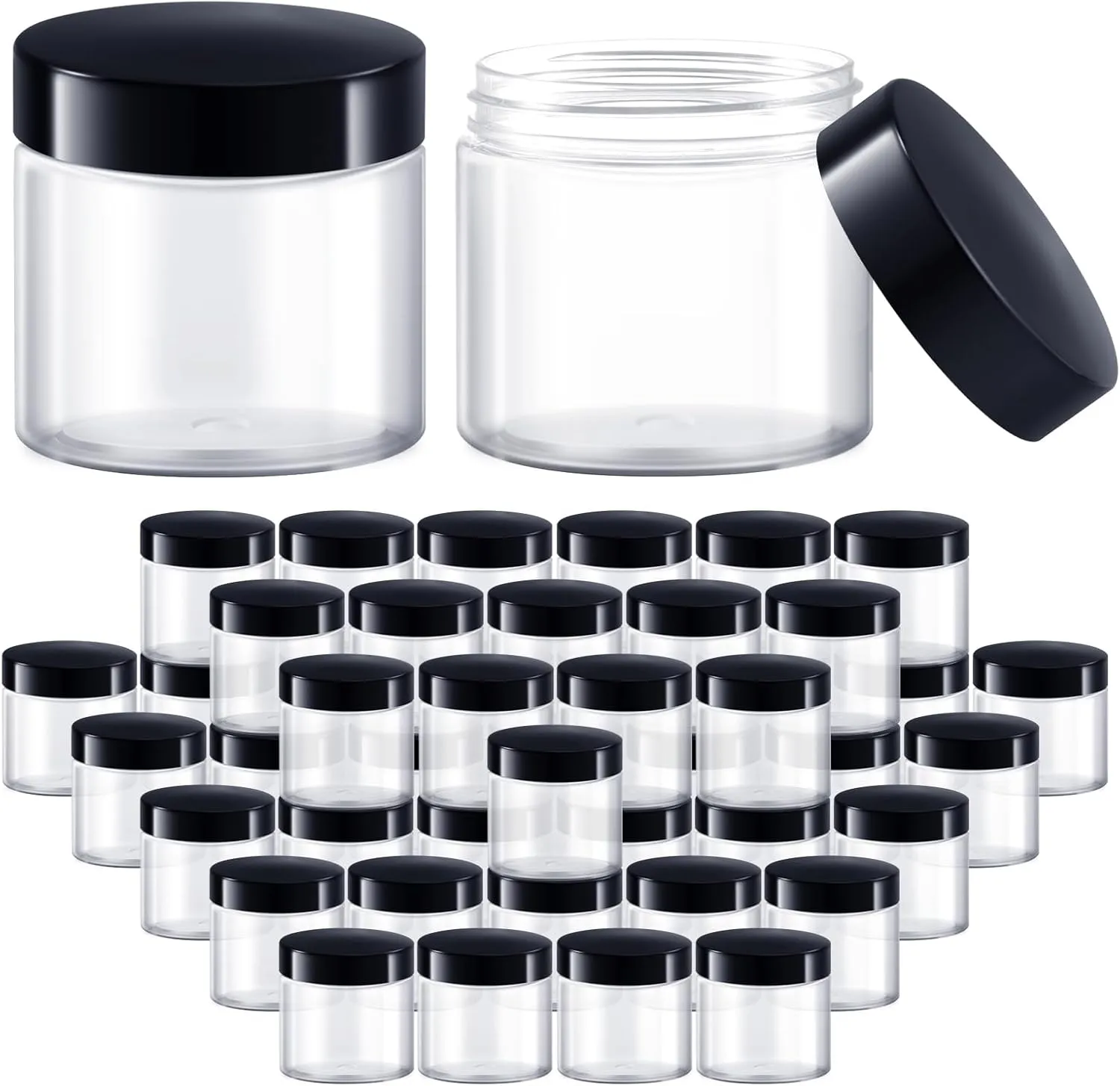 6 OZ Plastic Jars with Lids, Elumeiro 48 Pack Clear Cosmetic Container Jas with Black Lids, Small Jars with Lids for Lotion, Cream, Powder, Ointments, Makeup, Eye Shadow, Rhinestone, Sample