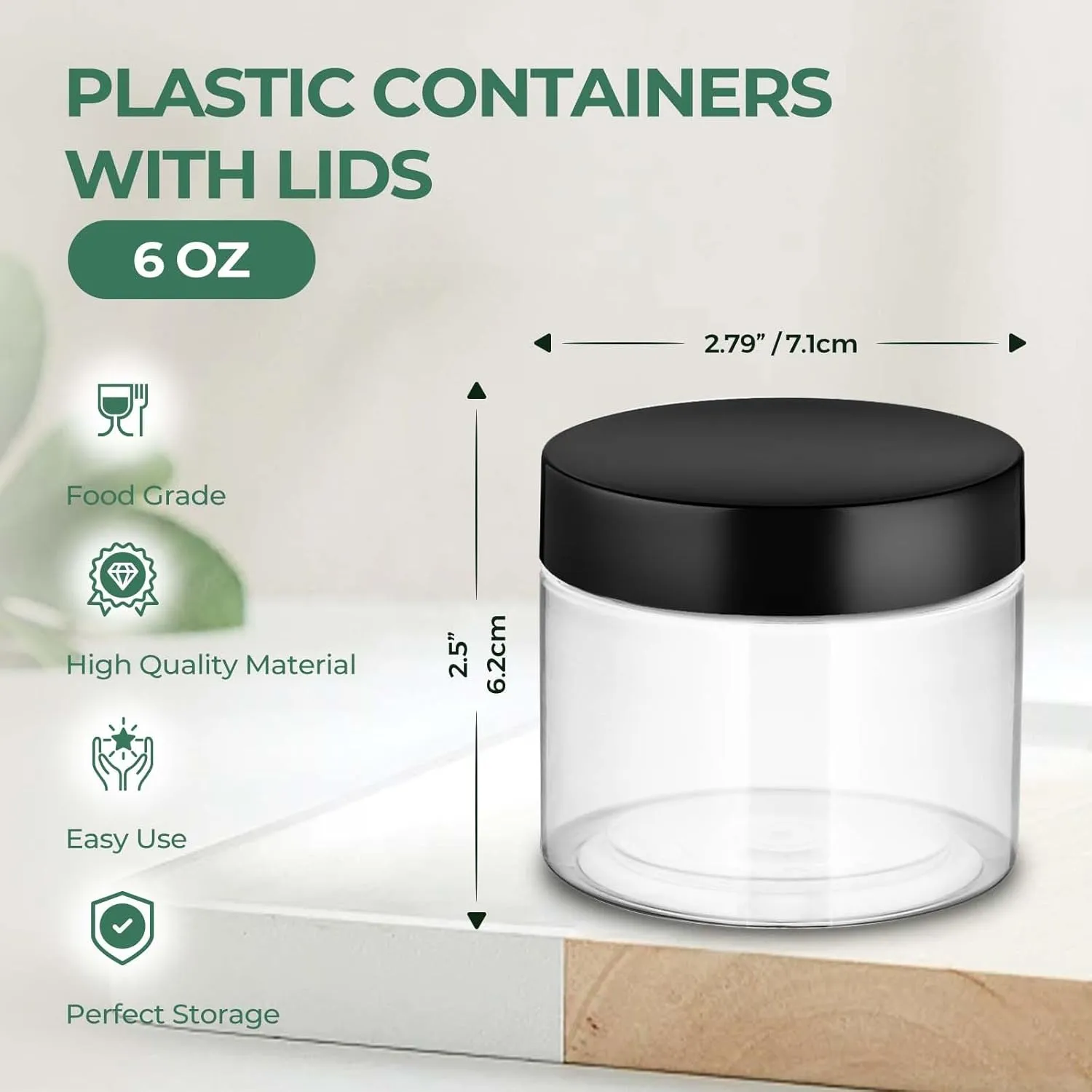 6 OZ Plastic Jars with Lids, Elumeiro 48 Pack Clear Cosmetic Container Jas with Black Lids, Small Jars with Lids for Lotion, Cream, Powder, Ointments, Makeup, Eye Shadow, Rhinestone, Sample